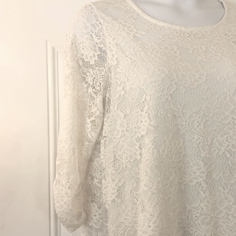 New Directions off-white fully lined lace 3/4 sleeve with ruching tunic - Picture 4 of 10